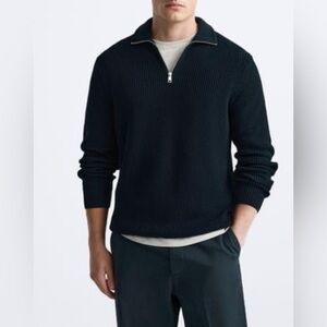 ZARA Man Textured Full Zip Pullover in dark Navy cotton size Large knit